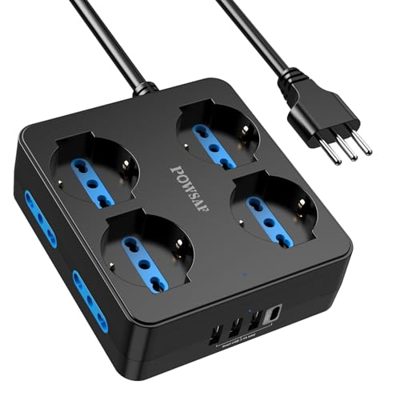 POWSAF Presa Multipla 8 Prese Quadrata, Ciabatta Elettrica con 4 USB e Interruttore