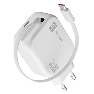 Cellularline Caricabatterie da Rete 30W con Cavo Retrattile USB